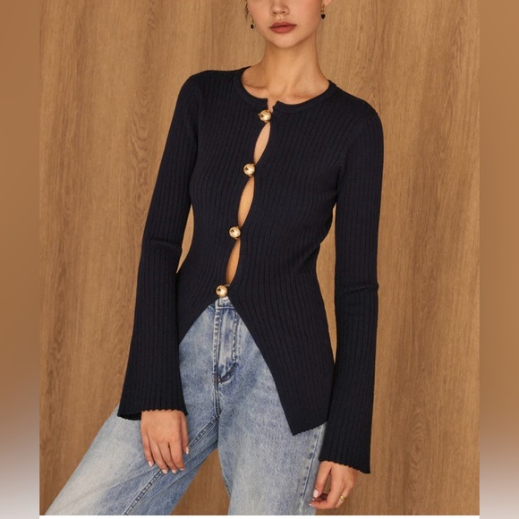 Commense Navy Ribbed Button-Front Long Sleeve Top - Picture 1 of 5